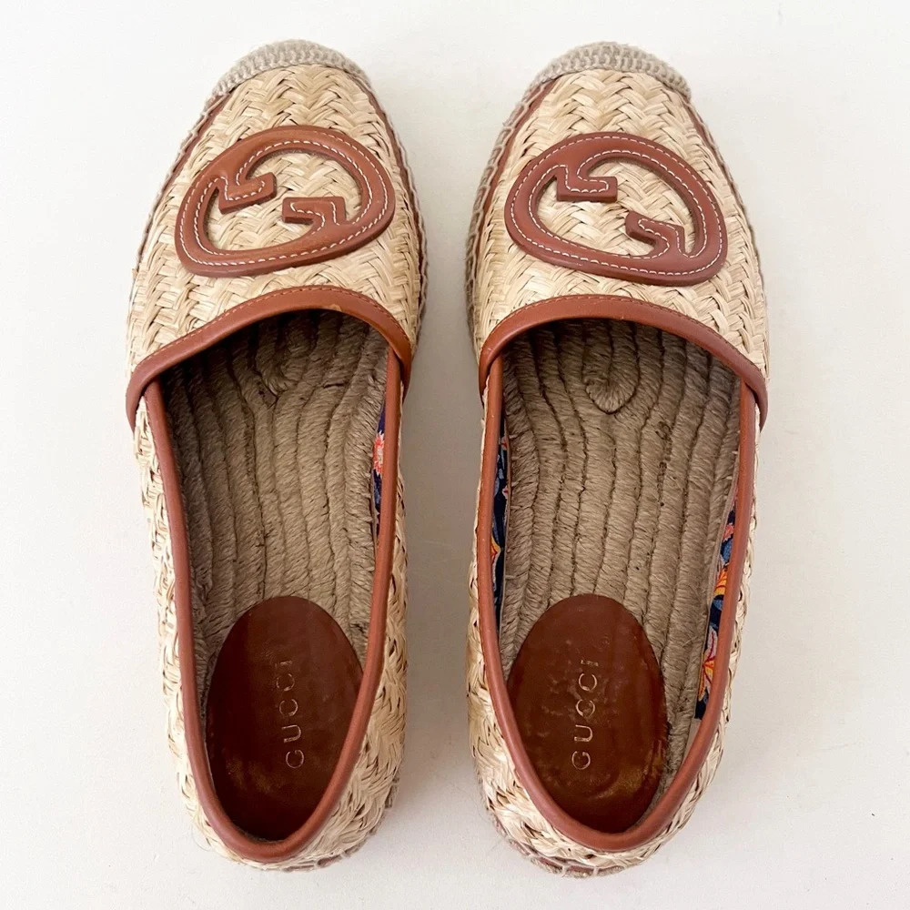 GUCCI || Adela GG Raffia Espadrilles Brown Leather Logo EU 36 US 6 - Picture 7 of 13